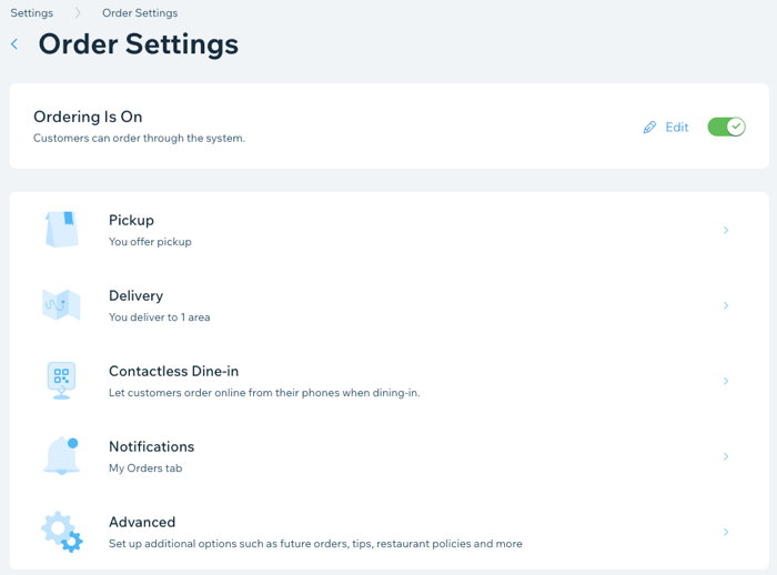 Order settings is on for pickup, delivery, contactless dine and advanced settings