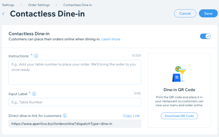 Contactless dine in instructions for your customers and direct link to share