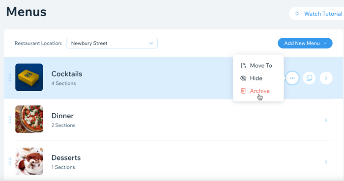 Screenshot, der zeigt, wie du in einer Speisekarte auf Archivieren klickst, um sie zu archivieren
