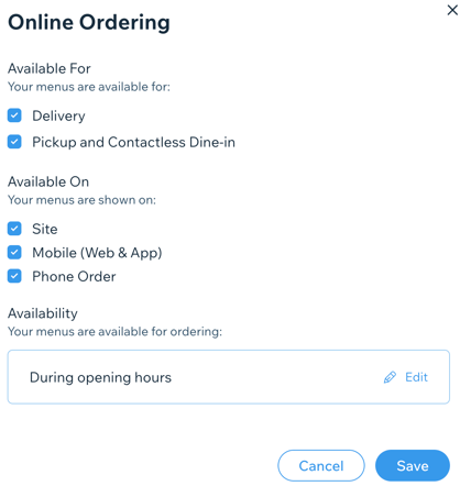 A screenshot of choosing your menu availability for online ordering.