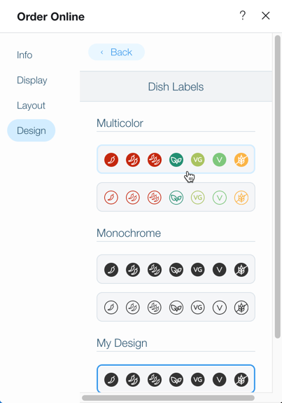 Screenshot der Anpassung des Designs der Labels für Gerichte