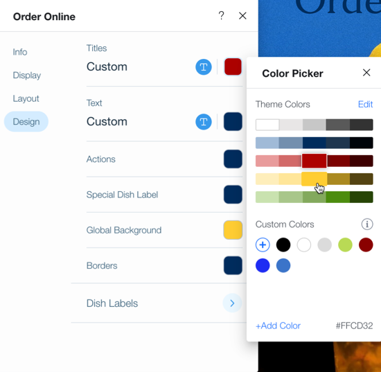 A screenshot of changing the online ordering colors.