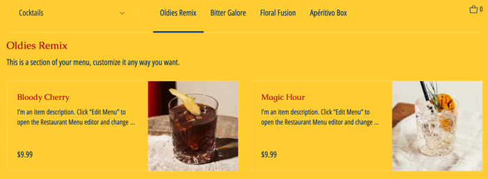 A screenshot of your online ordering page on a live site.