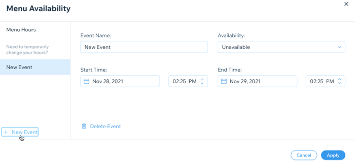 screenshot of adding an event and setting your availability for menusm sections or dishes