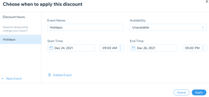 screenshot of adding an event and setting your availability for your discounts