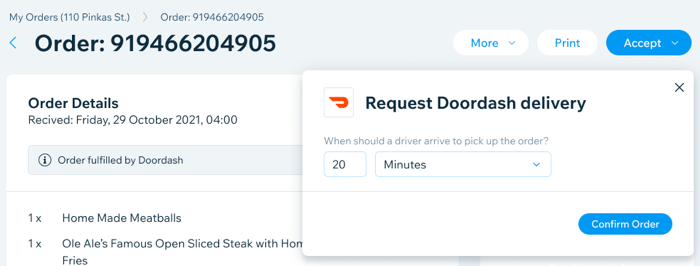 DoorDash 배달 픽업 시간을 수락 및 확인하는 주문의 예시