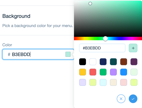 Seletor de cores do background com opção de código hexadecimal e paleta de cores