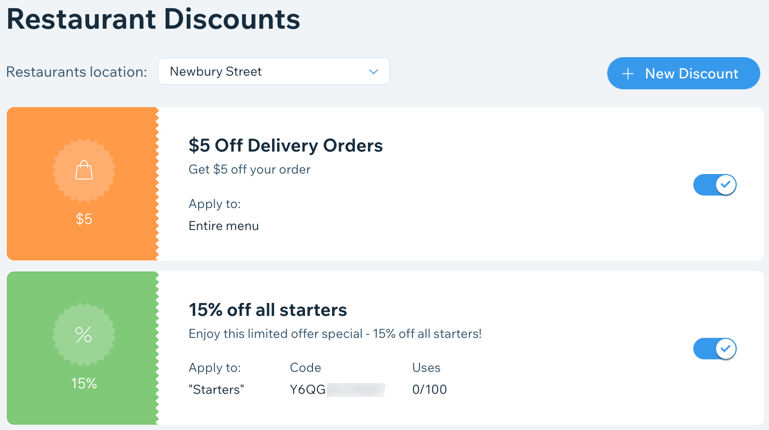 Restaurant Discounts tab to manage and create your discounts