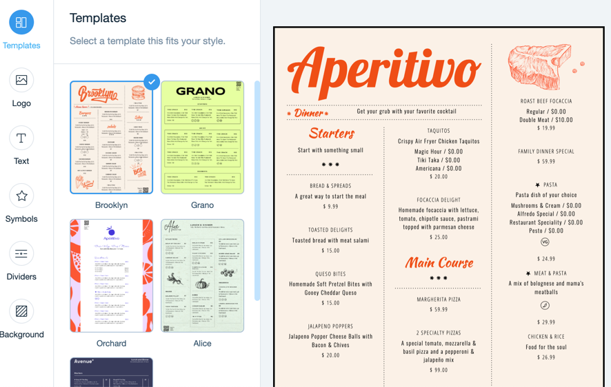 Screenshot of setting the template for your printable menu