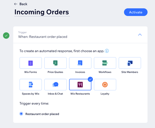 Screenshot of Automations screen in Wix Restaurant with triggering every time a restaurant order is placed