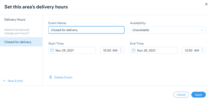 screenshot of adding an event and setting your availability for delivery