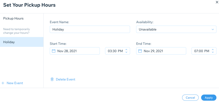 screenshot of adding an event and setting your availability for pickup hours