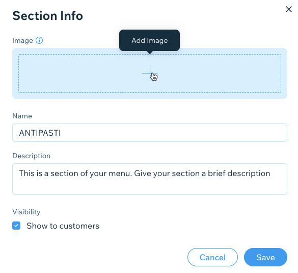 Capture d'écran de la modification des informations de section de votre menu.