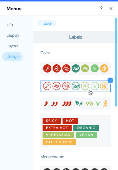 Screenshot della scelta delle opzioni di design per il tuo menu nell'Editor del tuo sito