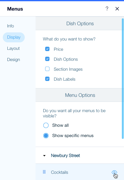 Selezione di cosa mostrare nel menu nell'Editor del tuo sito