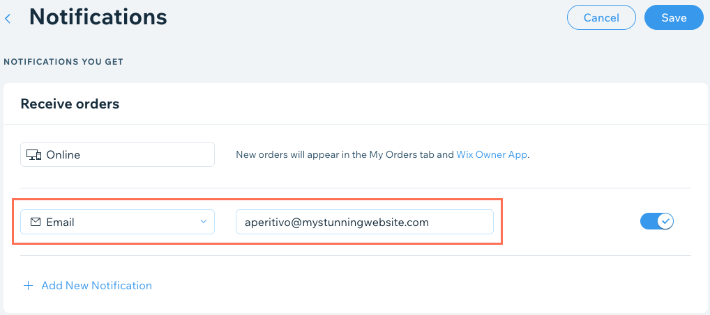 Screenshot of the Notifications screen to enter your Email for orders