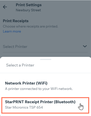 Select your printer from the list in the Wix Owner App