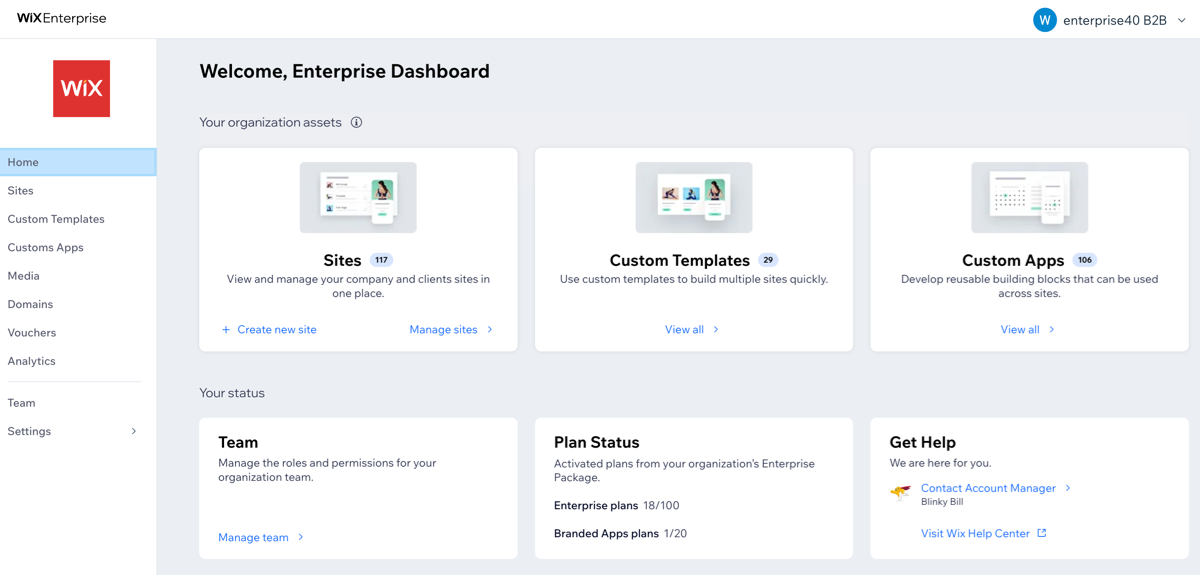 Captura de pantalla de tu panel de control de Wix Enterprise.