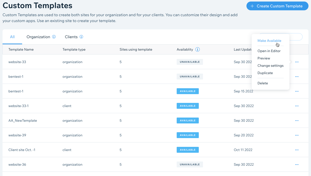 Een screenshot van het Gepersonaliseerde templates-tabblad.