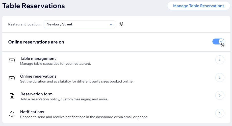 Screenshot van het inschakelen van Wix Table Reservations.