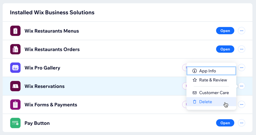 Wix Reservations 앱 아이콘 더보기 및 삭제를 클릭하는 스크린샷