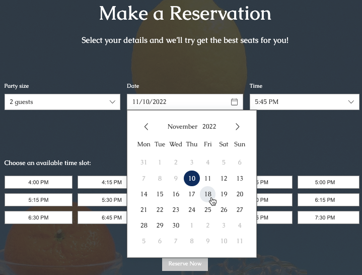 A screenshot of booking a table with Wix Table Reservations app.