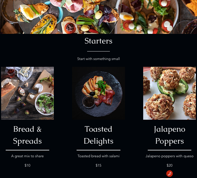 A screenshot of a restaurant menu on a Wix Restaurant site.