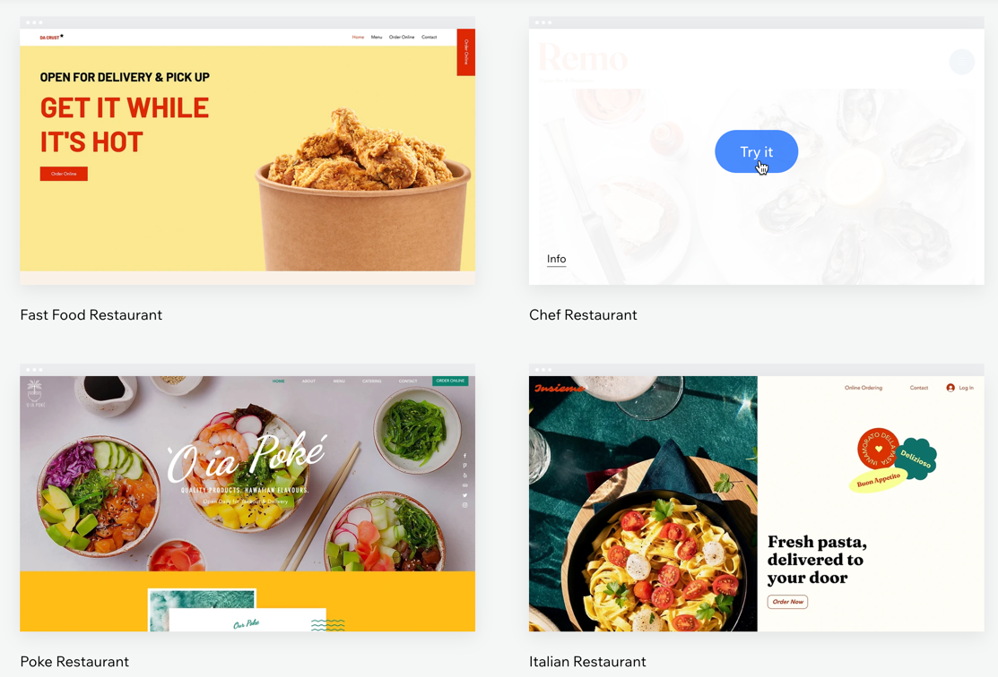 A screenshot of Wix restaurant templates.