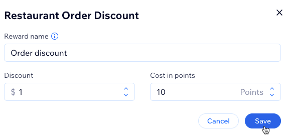 A screenshot of setting the restaurant order discount reward.