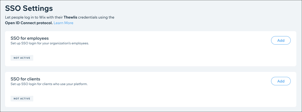 Uma captura de tela da aba de configurações de SSO no painel de controle do Wix Empresarial.