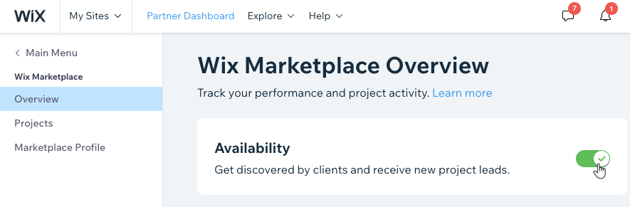 A screenshot of Wix Marketplace Overview tab and turn on your availability.