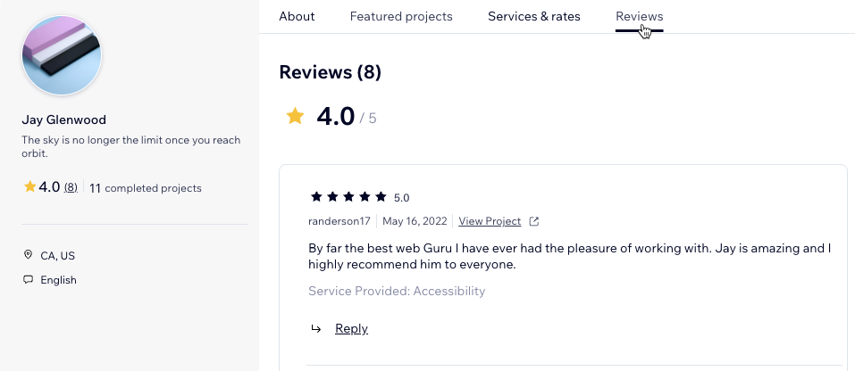 A screenshot of your Reviews tab in your Wix Marketplace profile..