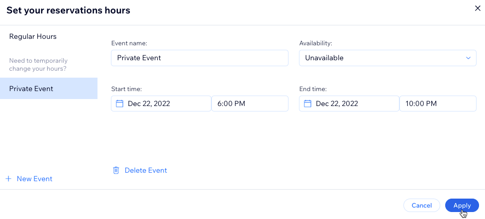 A screenshot of adding an event where your restaurant is unavailable for table reservations.