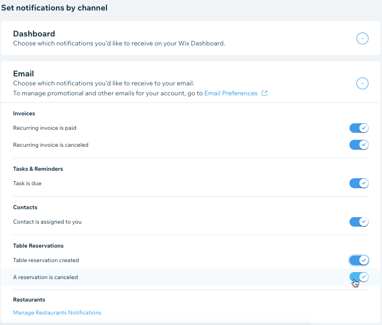 A screenshot of setting your notifications for table reservations.