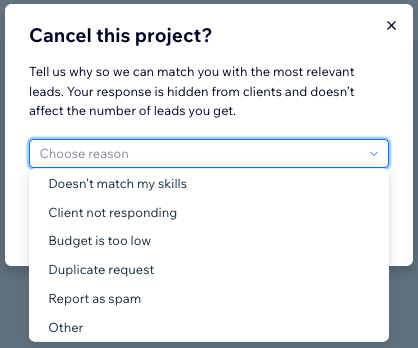 A screenshot of choosing a reason for canceling a project.