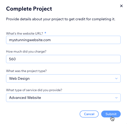 A screenshot of submitting a completed project.