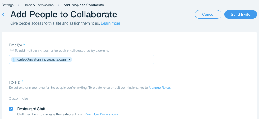 A screenshot of adding people to collaborate on your restaurant site.