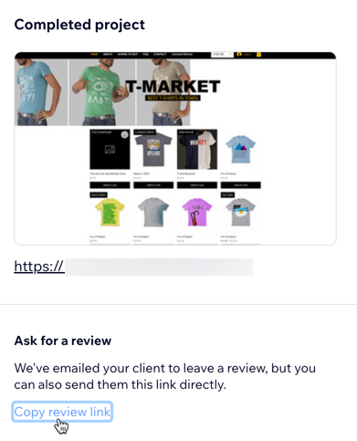 A screenshot of clicking Copy review link under your Completed project for the client.