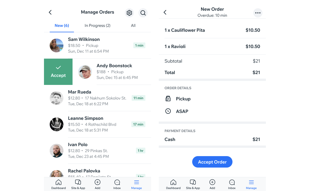 Due screenshot dei tuoi ordini al ristorante nell'app Wix Owner e come appare un ordine nell'app