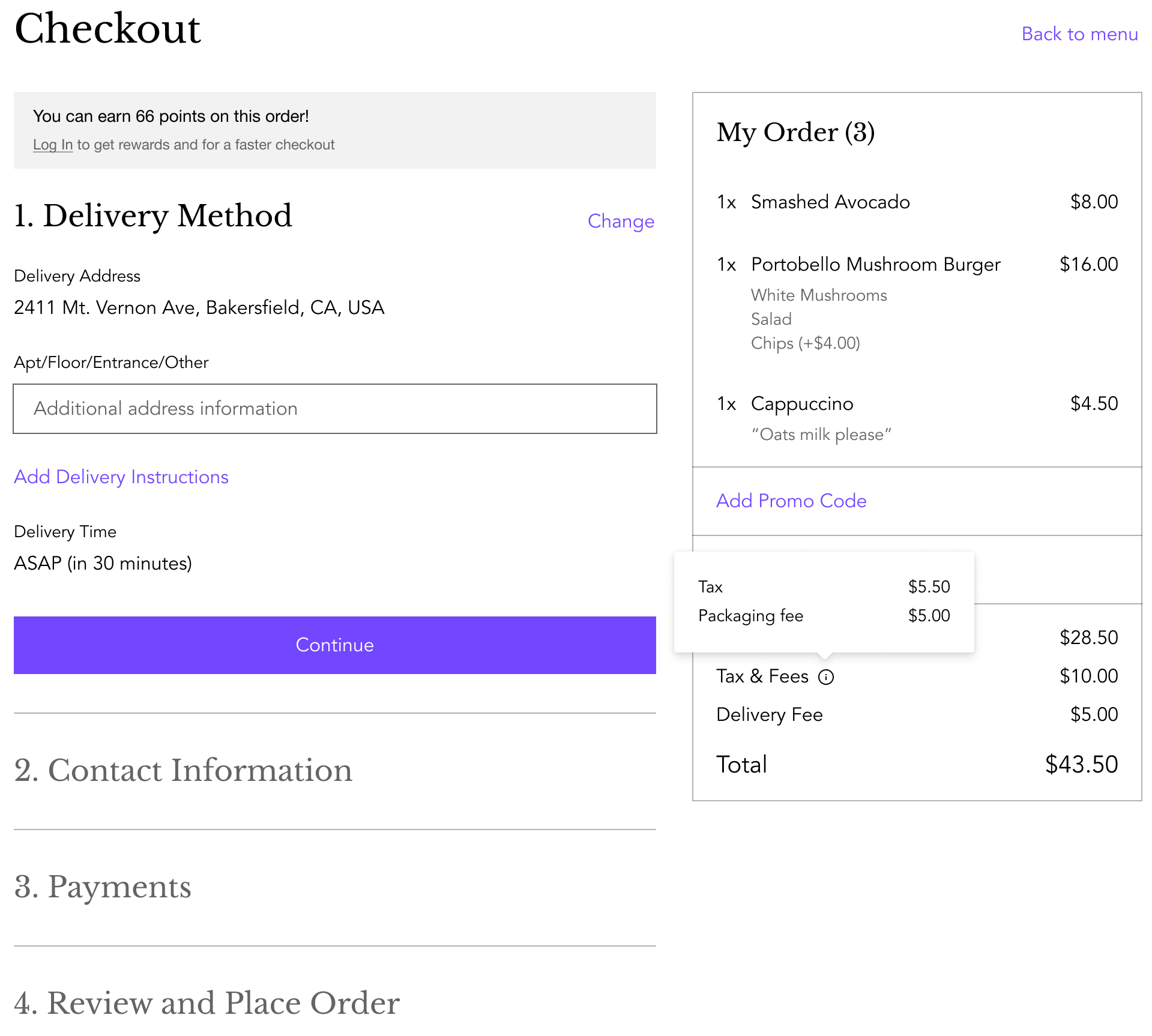 A screenshot of the checkout page with the service fee and price breakdown.