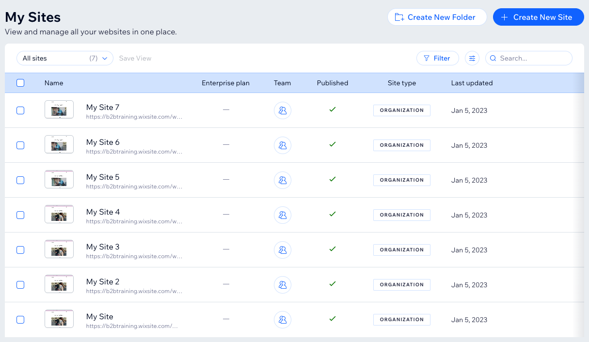 Uma captura de tela de todos os sites no painel de controle do Wix Empresarial.