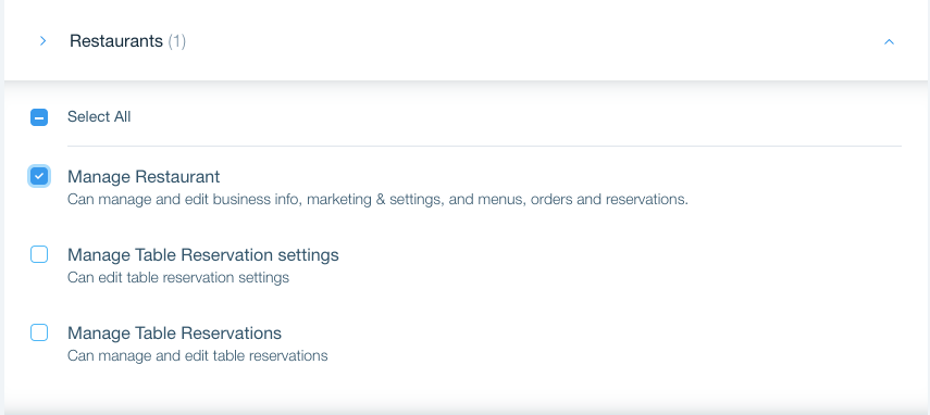 A screenshot of Restaurant specific permissions for this role.