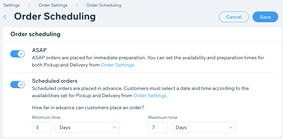 A screenshot of setting your schedule for online orders, whether ords can be placed immediately or in advance.