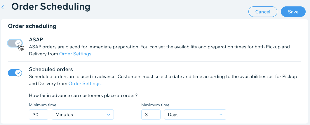 A screenshot of toggling of ASAP orders in order scheduling.