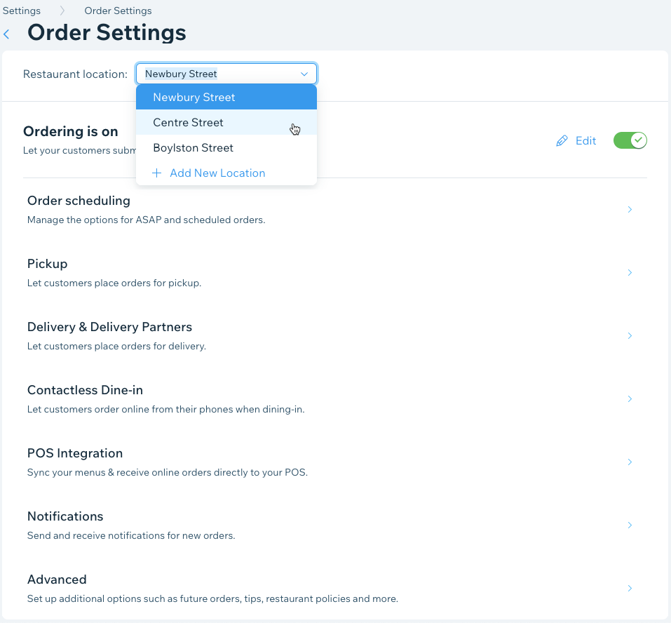 Uma captura de tela ao clicar no dropdown Locais do restaurante nas configurações do pedido.