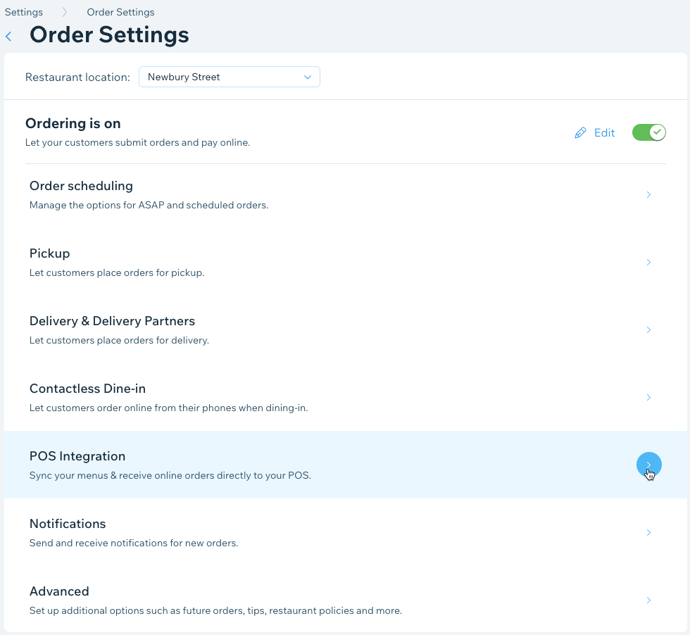 A screenshot of the order settings tab and clicking on POS Integration.