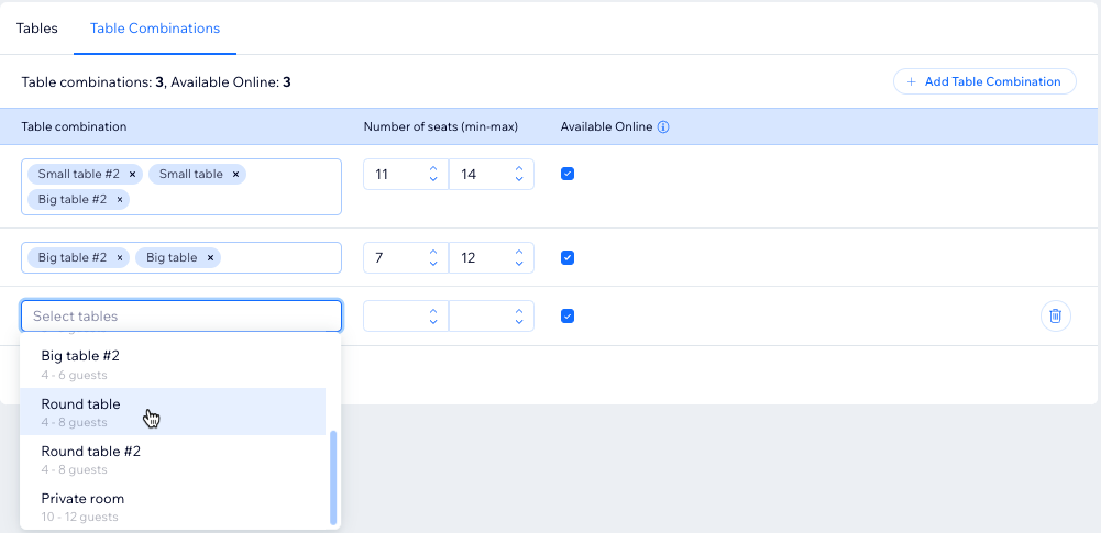 Une capture d'écran de la création de combinaisons de tables dans l'appli Wix de réservations de tables.