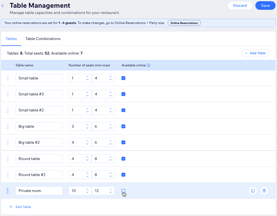 A screenshot of adding your tables and the seats they hold, and marking whether they're available for online reservations.