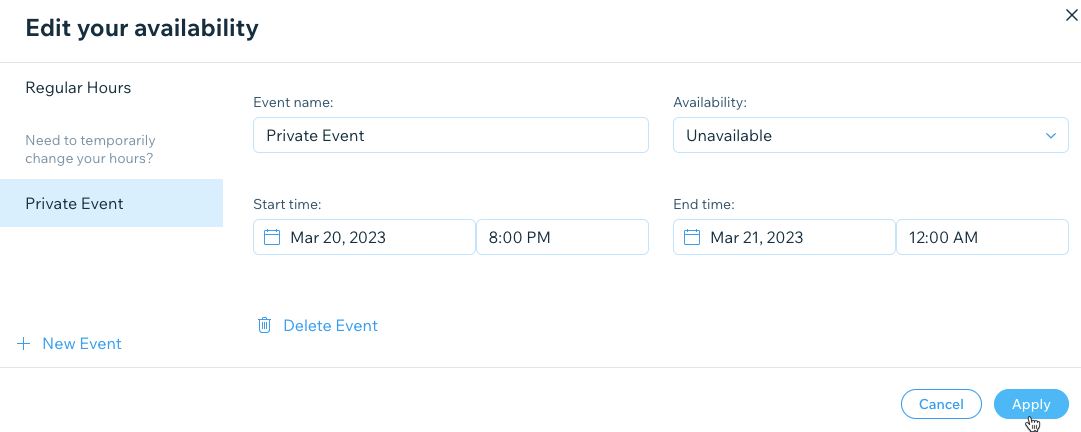 A screenshot of creating an event that affects your restaurant's availability.