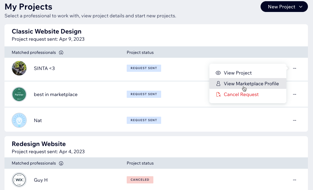 A screenshot of your projects page with your matched Wix Professionals and your projects.